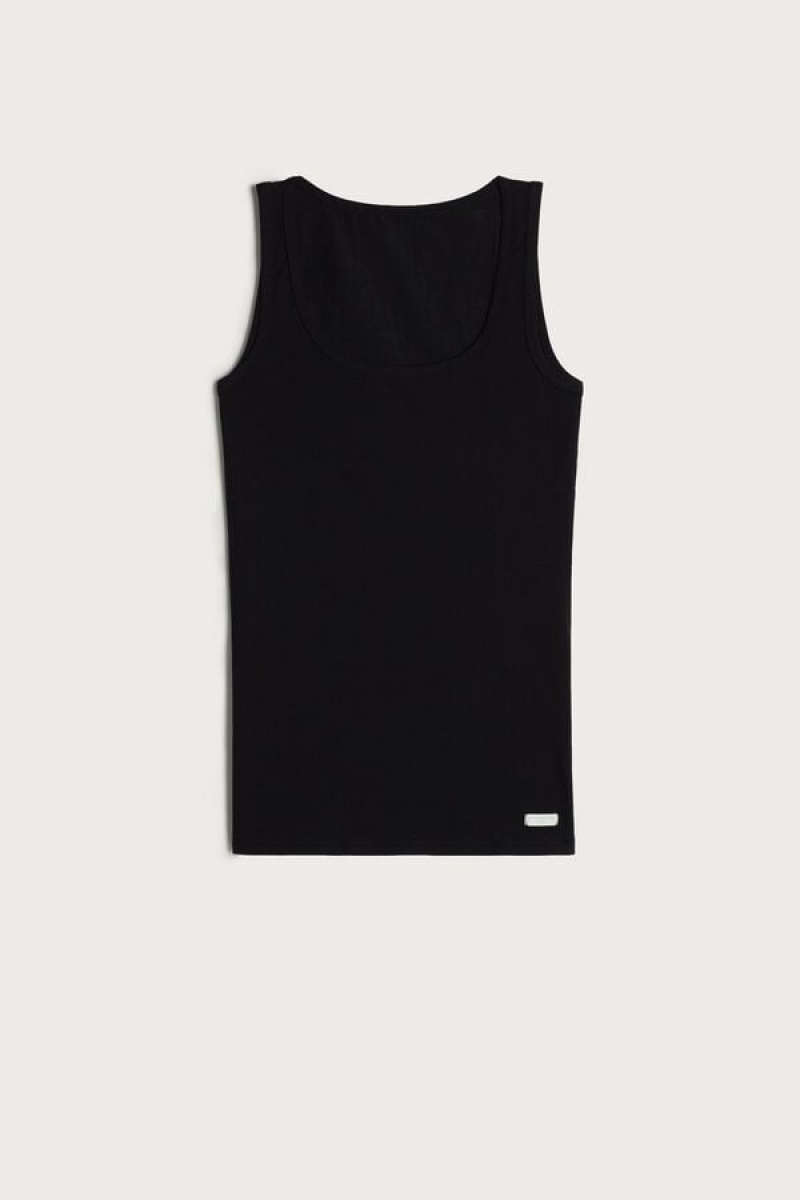 Black Intimissimi Cotton Tank Top | CAZDE72514